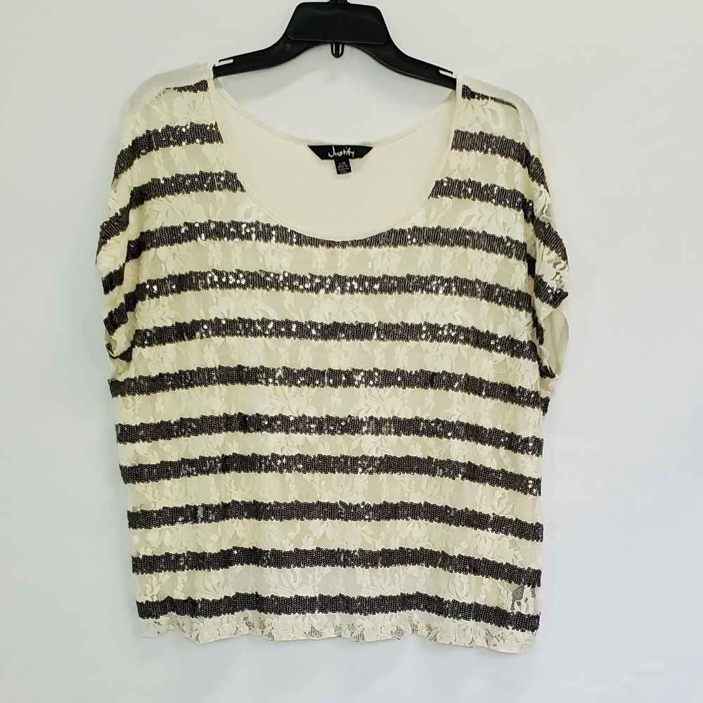 Justify Sequin Lace Sheer Front Short Sleeve Round Neck Top top